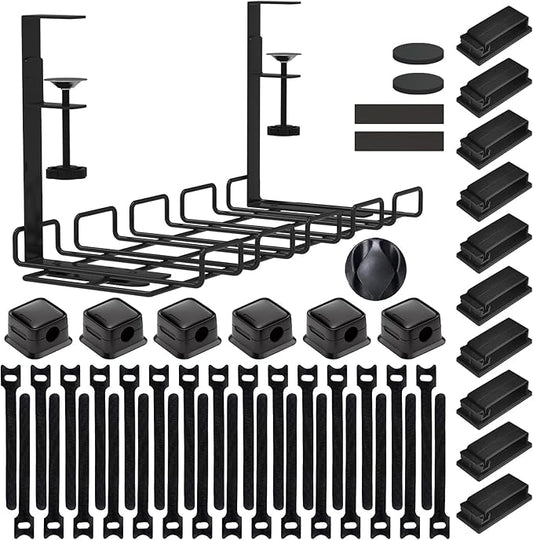 Under Desk Cable Management Tray, No Drill Steel Cord Organizer Kit with 52Pcs Different Essential Accessories for Home Office Standing Desk (15.7/13.4inch, Black)