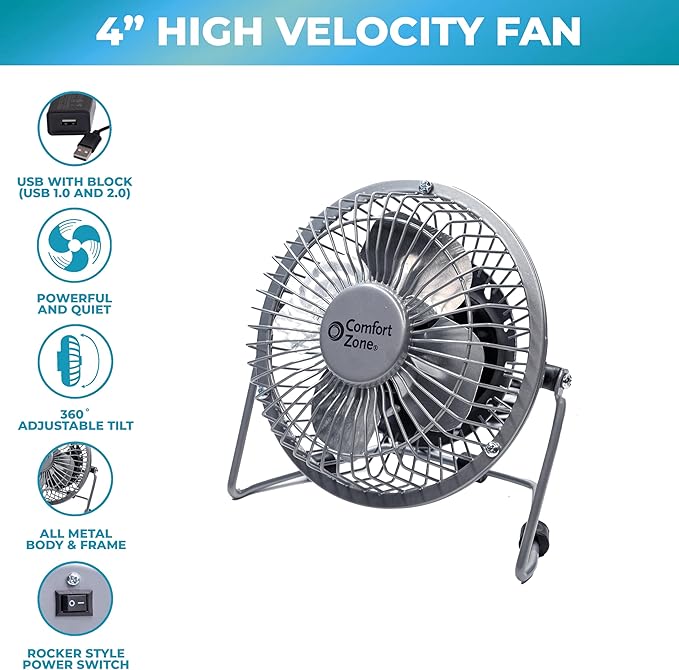 Comfort Zone 4-inch All-Metal Mini Desk Fan – High Velocity Portable USB Fan with 120V Wall Adapter, 360° Adjustable Tilt & Quiet Operation – Compact Electric Table Fan for Office, Home & Travel