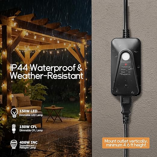 GMY Outdoor Dimmer for String Lights, Remote Dimmer Switch with Timer, Dimmer Plug Compatible with Dimmable LED/Tungsten Bulbs，IP44，100FT Range, Max Power 400W, FCC