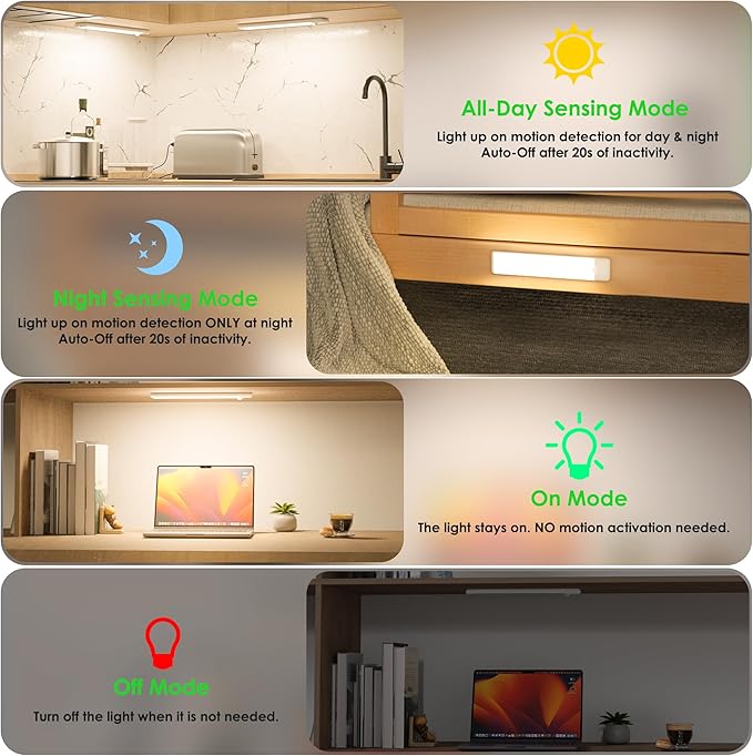 Motion Sensor Under Cabinet Lights, Magnetic Rechargeable Under Counter Closet Light, Wireless Night Light Bar Stick-On, 3-Pack, Neutral White