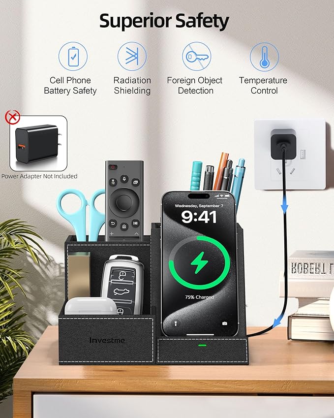Wireless Charger with Desk Organizer, Pen Pencil Holder, Multifunctional Desktop Organizer, Office Supplies and Desk Accessories Organizer with 3 Compartments and 1 Phone Stand