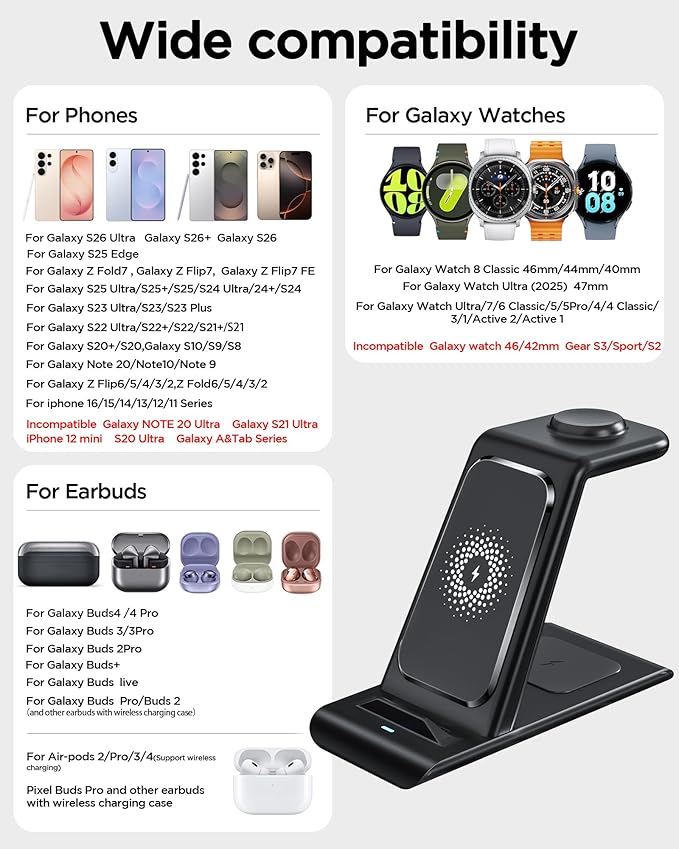 Wireless Charging Station for Samsung Wireless Charger Galaxy S26 Ultra/S25/S24/S23/S22/Note20 Z Fold Flip7 Galaxy Watch 8/7/6/5/4/3 Active 2/1 Stand Galaxy Buds4/4 Pro/3/2 Pro/Live Multiple Devices