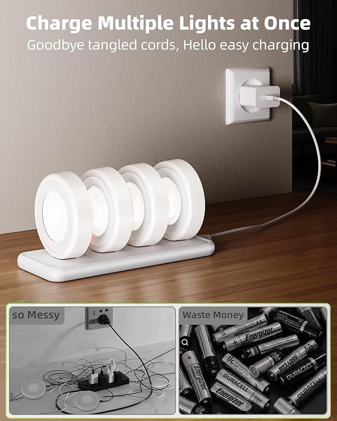 EZVALO LED Puck Lights with Charging Station, Rechargeable Stick On Tap Lights, Wireless Closet Light, 3 Color Temps, Under Cabinet Lights, 2.5'' Mini Touch Light for Kitchen,Pantry,Shelves(4 Pack)