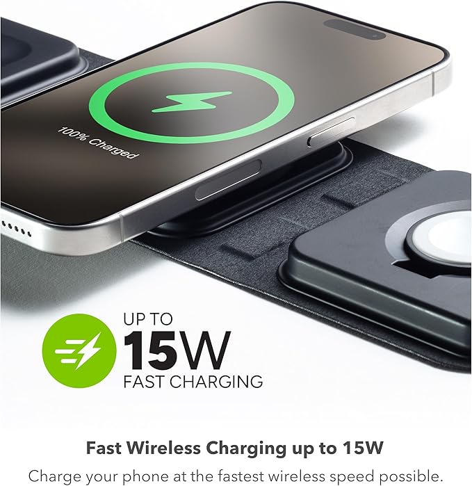 Mophie 3-in-1 Travel Charger v2 with MagSafe - Portable Wireless Charging Hub, Compatible with Apple Devices, iPhone 17/16/15/14/13/12, Apple Watch Series 11 to 1 & Ultra, AirPods Pro/3rd Gen, Black