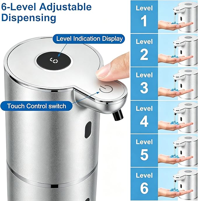 Automatic Soap Dispenser, Hand Soap Dispenser 12.8oz/380ml Smart Rechargeable, Liquid Soap Dispensers with 6-Level Touchless, Wall Mounted or Countertop Dish Soap Dispensing for Bathroom & Kitchen
