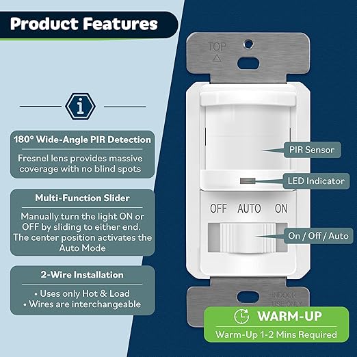 TOPGREENER Occupancy/Vacancy PIR Motion Sensor Light Switch, Learning Function, No Neutral No Ground Required, 200W Incandescent / 150W LED Load, UL Listed, Wall Plate Included, White, 4 Pack