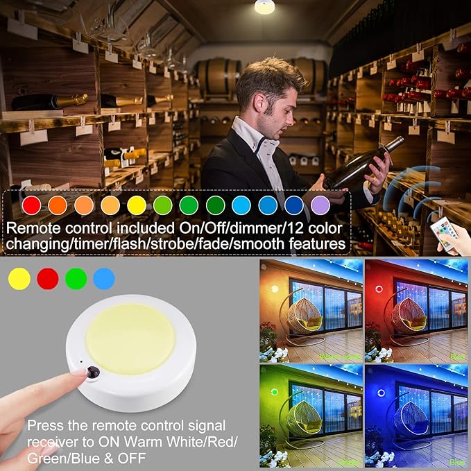 BIGMONAT Wireless LED Ceiling Light, Battery Operated RGB Shower Light with Remote and Timer, Color Changing, Dimmable for Bathroom, Closet Pantry Hallway Stairway Cabinet Counter