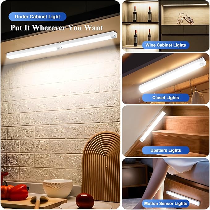 Under Cabinet Lights - Motion Sensor Light Indoor for Pantry, Closet, Kitchen, Bathroom - Battery Operated Magnetic Cabinet Lighting with Auto Off-4 Pack (White Light)