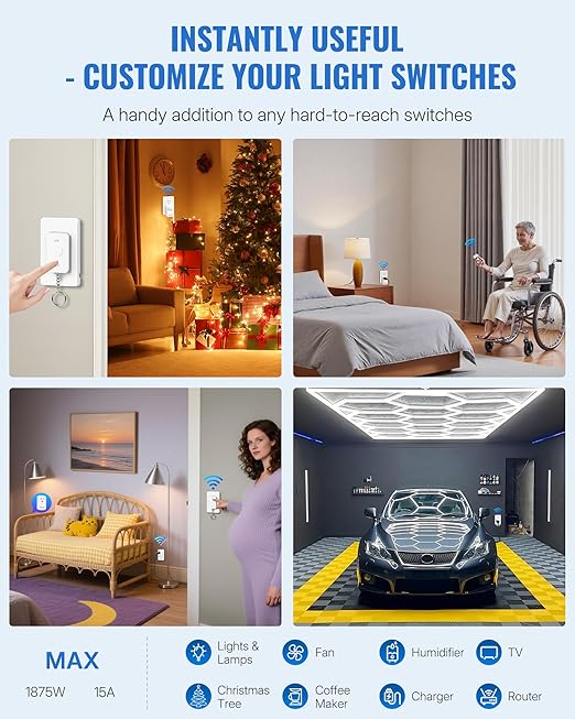 Remote Control Outlet with Two Switches, WILAWELS Wireless Light Switch with Magnetic Base, On Off Remote Outlet Switch, 100ft RF Range, 15A/1875W, Pre-Programmed, FCC Listed W10RC2106