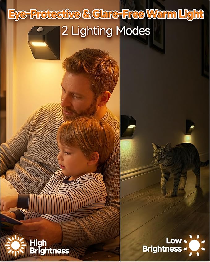4 Pack 2200mAh Rechargeable Stair Lights Indoor, Step Lights Indoor with Magnetic Mount, Stick-On Motion Sensor Lights for Stairs Hallway Bedroom Kitchen Bathroom Closet Cabinet (Black)