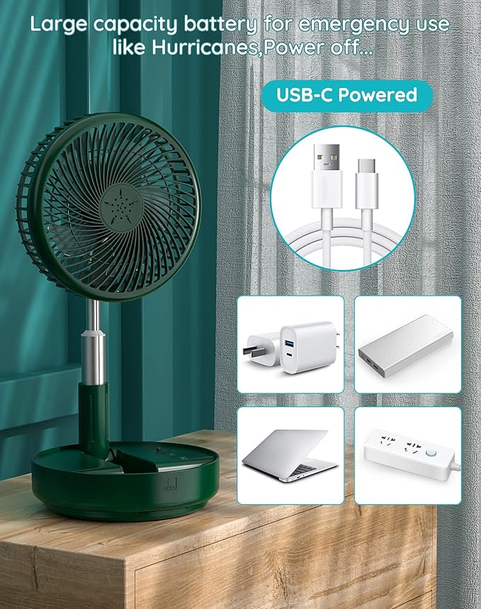 Primevolve Portable Fan, |21H Battery|7200mAh Rechargeable Oscillating Fan with Remote, Foldable Telescopic 7.7" for Travel Camping Cruise Hotel Bedroom, Green