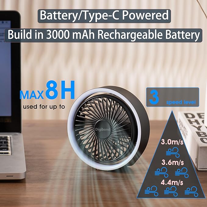Digibond Small Fan, High Power Silent Desk Fan Portable USB Fan 3000mAh Rechargeable Battery Powered, 3 Speed 5.3in with Night Light/Hook,180°Rotated Easy Clean (Black)