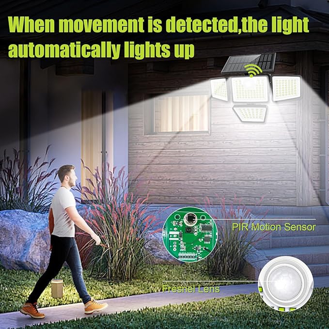 daphino 3000LM Solar Lights Outdoor with Motion Sensor,4 Head 270° Wide Angle Street Area Lights,IP65 Waterproof Security Lighting with 3 Modes(Remote,2 Pcs)