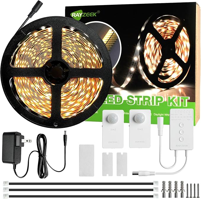 RAYZEEK Wireless Motion Activated LED Strip Lights,19.7FT LED Strip Lights with Power Adapter,Wireless Motion Sensor Control Dimmer,Timing,Warm White (1×Controller+2×Motion Sensor)