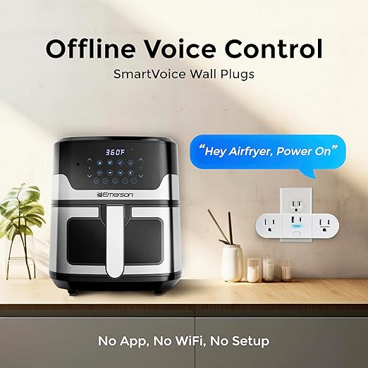 Emerson SmartVoice 4-in-1 Wall Plug, Voice Control Smart Outlet w/ 2 AC (1 Voice + 1 Always-On), USB-A & USB-C Ports, No WiFi, No App, Sleep & Wake Timer, ETL Listed