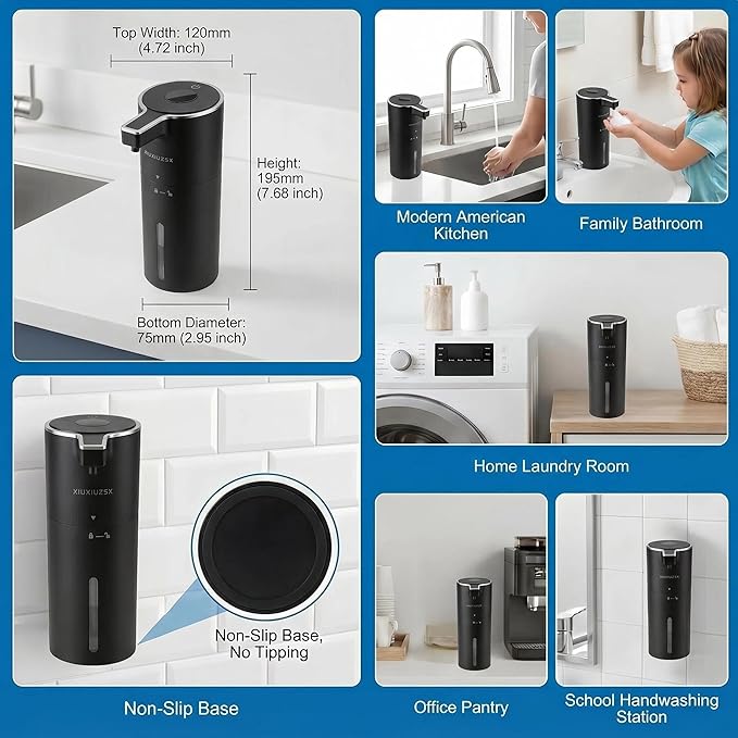 Automatic Soap Dispenser Liquid Touchless Upgrade Pump Uneasy Plugging Wall Mounted USB Rechargeable, 4-Level Adjustable 13.52oz Modern Electric Hand Soap Dispenser Kitchen Bathroom Kids Family Black