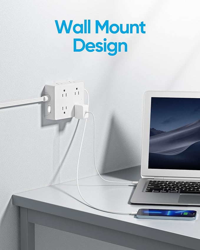 Olcorife Flat Plug Power Strip with 15 FT Extension Cord, 8 Outlets 4 USB Ports(1 USB C), 3 Sided Outlet Extender for Home Office Travel Dorm Room Essentials, White