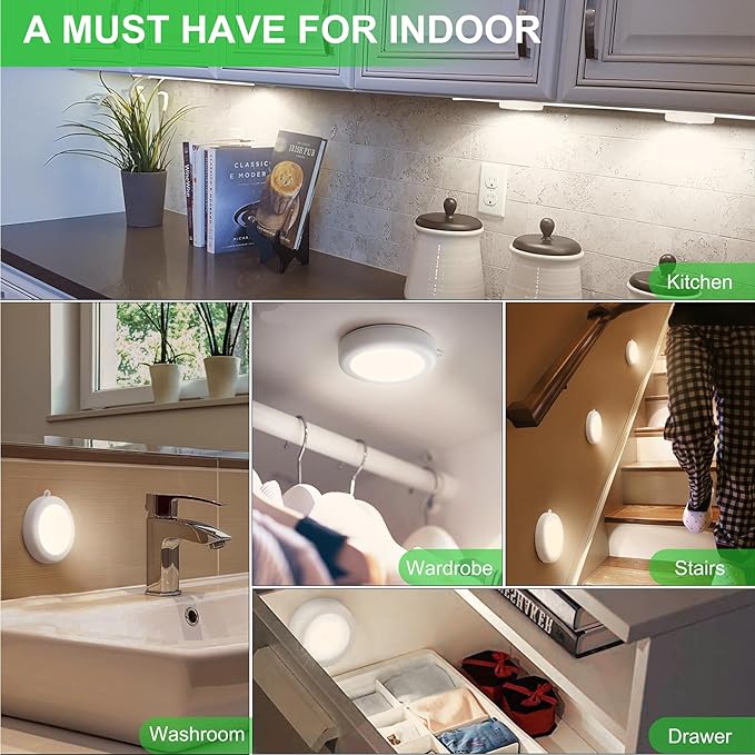 Mlambert 4 Pack Motion Sensor LED Night Light, Cordless Battery-Powered Stick-on Magnet Closet Lights, Safe Lighting for Stairs, Cabinet, Neutral White