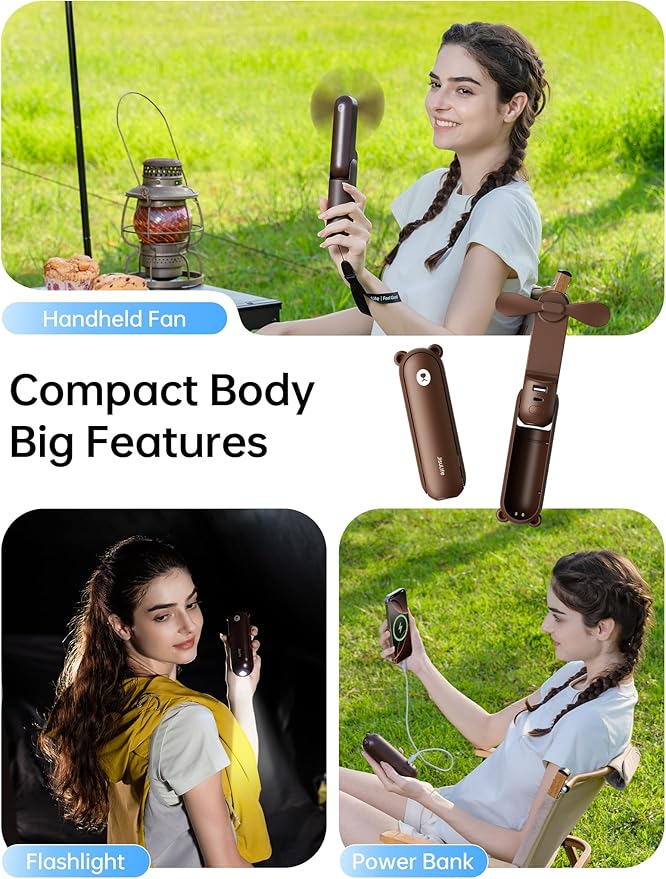 JISULIFE Handheld Fan 8 Plus: All-in-One Mini Fan with 37Hrs Cooling & 4500mAh PowerBank & Flashlight, USB Rechargeable, Portable Pocket Size for Travel, Makeup, Concert, Gifts for Women(Brown)