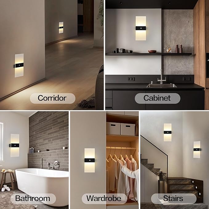 Rechargeable Battery Operated Wall Sconces Set of 2,Magnetic Wireless Led Wall Lamp, Motion Sensor Wall Lights Indoor Dimmable Night Light with Switch for Bedroom,Living Room,Hallway,Stair
