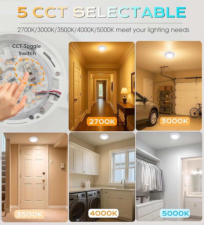 CLOUDY BAY 5 Color Motion Sensor Ceiling Light, 120V CRI90 10W,6.5 inch 2700K/3000K/3500K/4000K/5000K Selectable LED Flush Mount Fixture for Garage,Walk-in Closet,Attic,Pantry