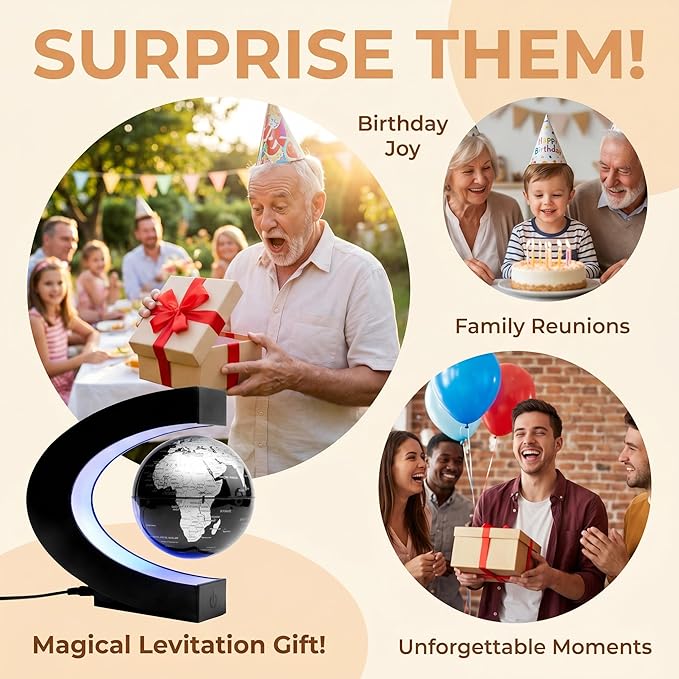 Magnetic Levitation Floating Rotating World Globe with LED Frame Lights, C Shape Levitating Globe, Touch Switch Night Light, Cool Tech Gifts for Men Dad Boys Kids, Office Desk Decor and STEM Gift