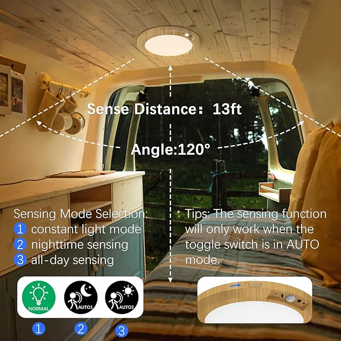 Battery Operated LED Celling Lights Fixture with Auto Motion Sensor, Smart Body Sensor Ceiling-Mounted Lamps with 3 Colors/Brightness, Motion Detection Magnetic Celling Lights for Closet Shower-Wood
