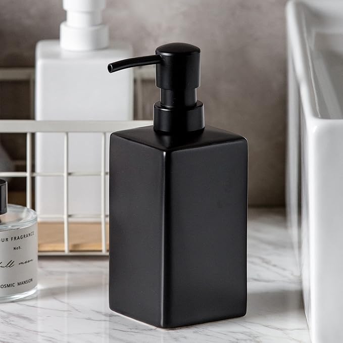 Matte Black Ceramic Square Hand Soap & Lotion Dispenser for Bathroom, Dish Soap Dispenser for Kitchen - 14oz