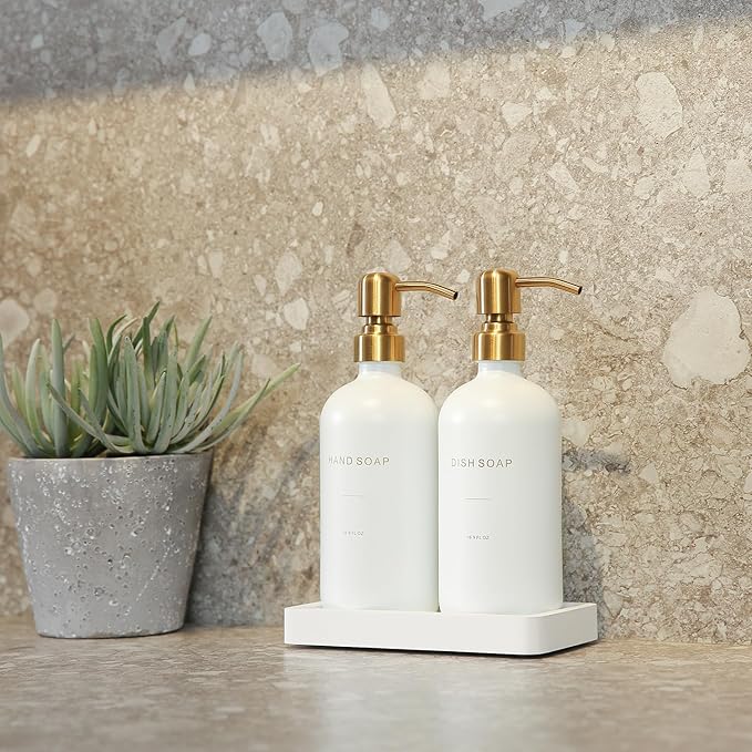 Prus Waso Gold Soap Dispenser Set, Glass Soap Dispenser with Stainless Steel Pump, Perfect for Modern Kitchen Counter Decor. (Gold)