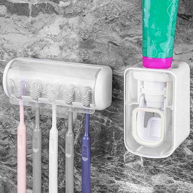 5 Slots Wall Mount Toothbrush Holder with Cover, Self Adhesive Toothbrush Storage Organizer for Shower, Toothbrush Hanger with Automatic Toothpaste Squeezer Dispenser (White)