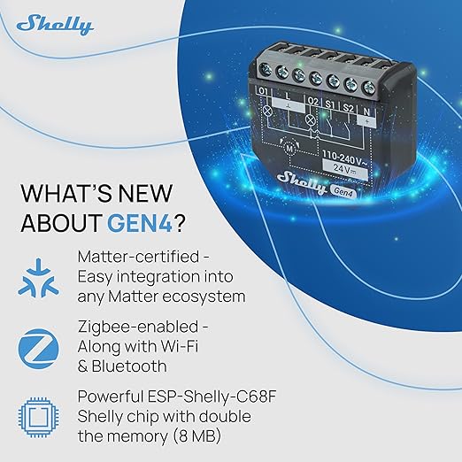 Shelly 2PM Gen4 | Wi-Fi, Zigbee & Matter 2-Channel Smart Relay Switch with Power Metering | Home Automation | Alexa, SmartThings, Google Home, HomeKit Compatible | Roller Shutters Control (4 Pack)