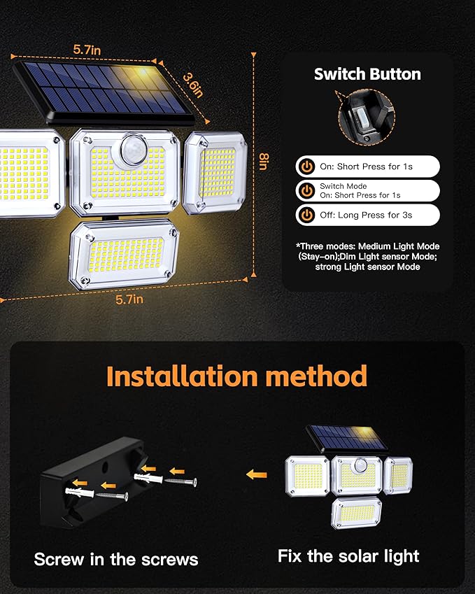 Outdoor Motion Sensor Lamp, 4-Head Solar Power Light, 333 LED Solar Light, Wireless Flood Lights Outdoor，3000 Lumens, 6500K, Motion Sensor, IP65 Waterproof, 270° Lighting Range for Street （2Pack）