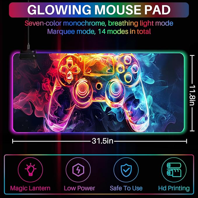 XL RGB Gaming Mouse Pad with 14 Light Modes - Light Up Gamer Mouse Pad,31.5 x 11.8in Non-Slip Gamepad Style Led Large Gamer Mousepad,Black Long Glowing Gaming Accessories for Desk, Waterproof