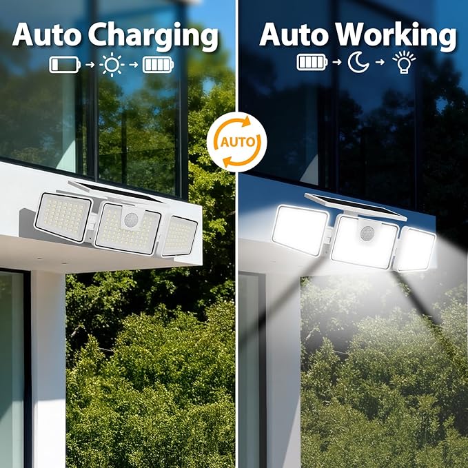 INCX Solar Lights Outdoor with Motion Sensor, 3 Heads Security Lights Solar Powered, 156 LED Flood Light Motion Detected Spotlight for Garage Yard Entryways Patio, IP65 Waterproof, White, 4 Pack.