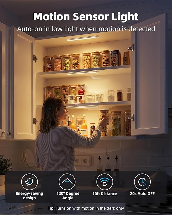 6-Pack Under Cabinet Lighting Wireless, LED Motion Sensor Light Indoor, Rechargeable Closet Lights Battery Operated, Dimmable & 3 Color Temps, Under Counter Lights for Kitchen, Stairs(14inch)