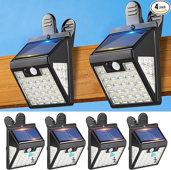 Clip On Solar Lights Outdoor,Motion Sensor Outdoor Lights, 72LEDs 600LM Clip on Solar Fence Lights Outdoor Waterproof LED,Solar Lights for Wall Fence,Deck, Gutter,Camping (4, Black)