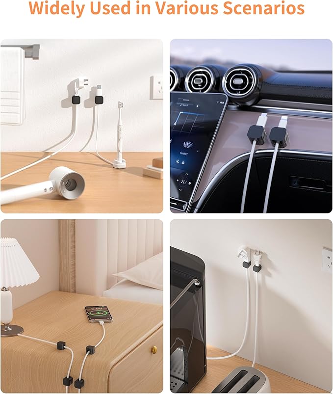 6Pack Cable Organizer Clips, Magnetic Cable Holder (1s Lock), XOVRAETH Strong Adhesive Wire Management for Desk, Nightstand, Living Room, Kitchen, Office, Car(BlackB)
