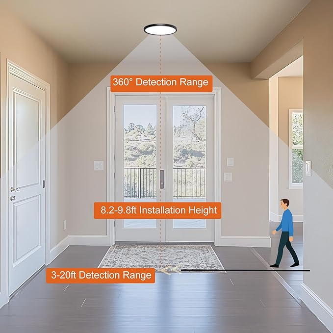9 Inch Motion Sensor Light Indoor, Flush Mount Light Fixture, Motion Sensor Ceiling Light Wired for Hallway Porch Laundry Garage Basement, Motion Light 3000k/4000k/6000k Black
