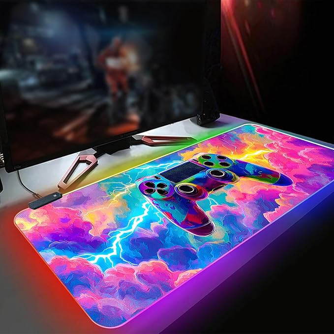 XL Led Gaming Mouse Pad with 14 Light Modes - Light Up Gamer Mouse Pad,31.5 x 11.8in Non-Slip Gamepad Style RGB Large Gamer Mousepad,Black Long Glowing Gaming Accessories for Desk,Waterproof