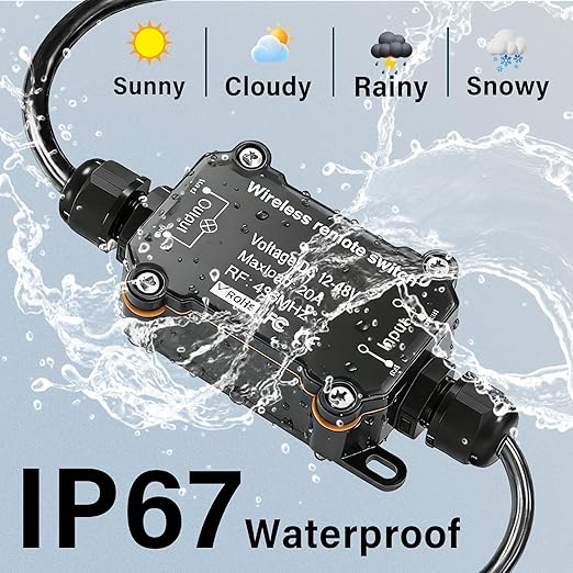 DC 12V 24V 48V Wireless Remote Control Switch,433MHz RF Relay Switch 20A Heavy Duty,IP67 Waterproof Receiver,164Ft Long Range Control for RV,Marine,Solar,Water Pump,Lights, Fans