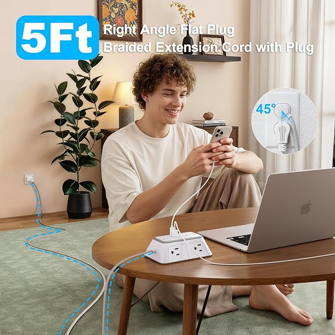 Power Strip Extension Cord - 6 Outlets and 4 USB (2 USB C), 5FT Braided Cord with Ultra Thin Flat Plug, 3 Side Outlet Extender with Overload Protection, Travel, Cruise Ship, Dorm Room Essentials