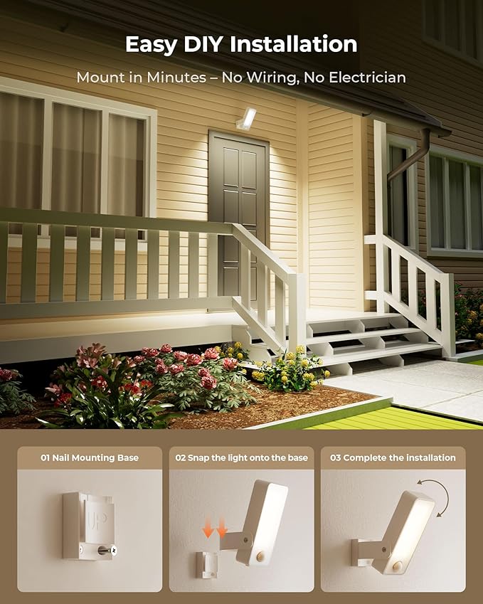 2 Pack Motion Sensor Outdoor Lights, 10000mAh Rechargeable 600 Lumen Battery Operated Outdoor Wall Lights with 3 Modes, 3 Colors, IP65 Waterproof Outdoor Security Lights for Fences, Garage, Patio