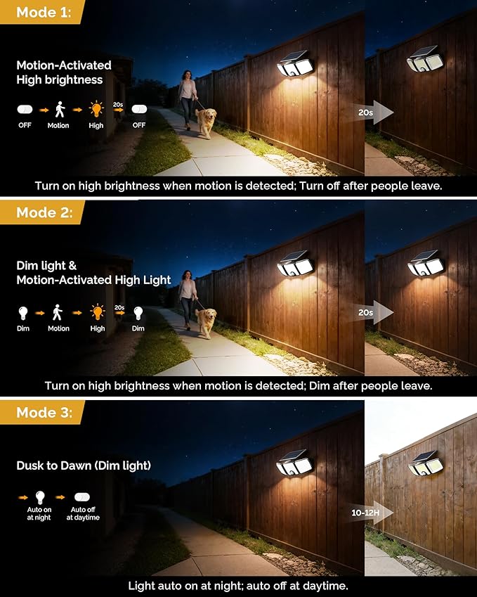 Brightown 3 Pack Solar Outdoor Lights, 2500LM 223 LED Solar Flood Outdoor Lights with Motion Sensor 3 Modes, 3 Head 270° Wide Angle Street Area IP65 Waterproof Security Wall Lights with Remote