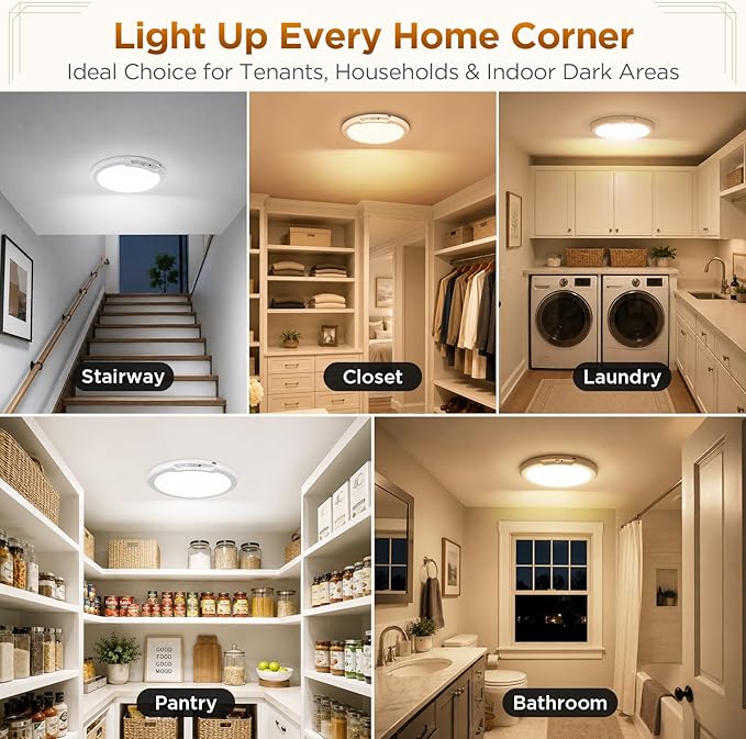 Rechargeable Ceiling Light 2 Pack, Magnetic Motion Sensor Ceiling Lights With 3 Color Remote, Wireless Battery Operated Dimmable Led Ceiling Lights for Closet Shower Stairs Hallway Shed Pantry Laundry