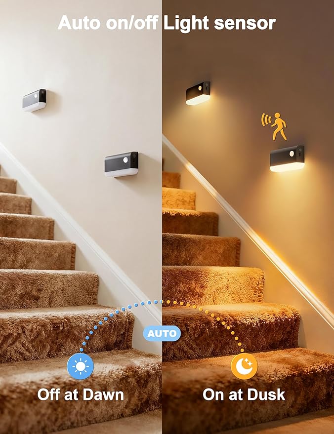 NIORSUN Motion Sensor Stair Lights Indoor, 3 Pack Rechargeable Wireless Step Lights with 3 Color Temperatures, 1200mAh Battery, Magnetic Base for Hallway, Closet, Bathroom, Black