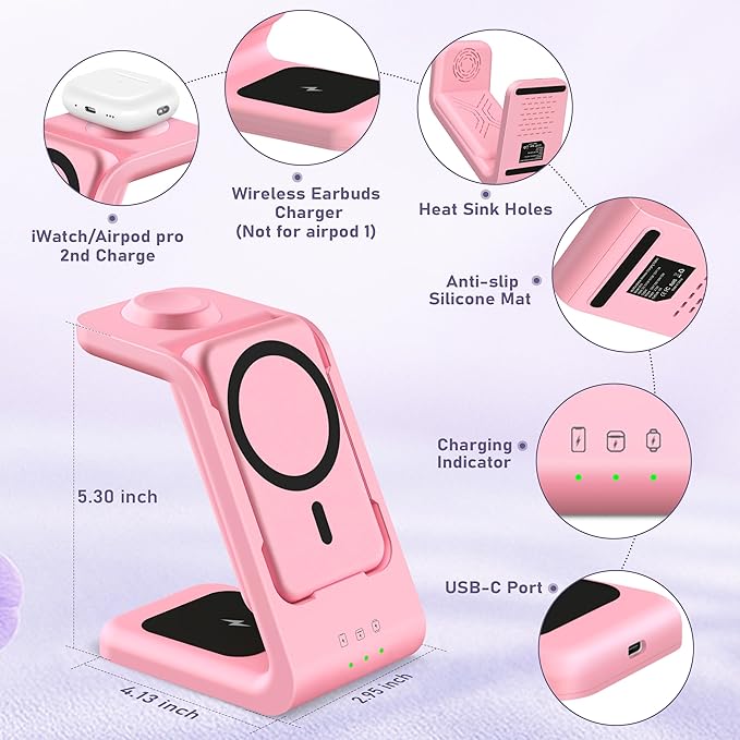 Smtcsl 3 in 1 Wireless Charging Station: 5000mAh Removable Power Bank Charger Stand for Phone/Watch/Air Pods - Portable Magnetic Battery Pack for Air 17 16 15 14 13 12 Series Pink