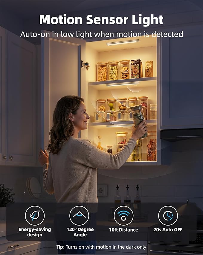 Under Cabinet Lighting Wireless, Rechargeable Battery Motion Sensor Light Indoor, LED Closet Lights USB Charging, 3 Color Dimmable Under Cabinet Lights for Kitchen, Cabinet, Wardrobe (3 Pcs) 12in