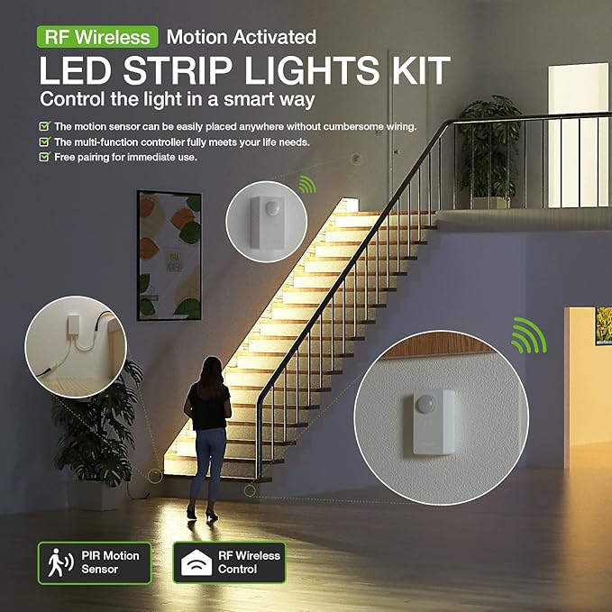 RAYZEEK Wireless Motion Activated LED Strip Lights,19.7FT LED Strip Lights with Power Adapter,Wireless Motion Sensor Control Dimmer,Timing,Warm White (1×Controller+2×Motion Sensor)