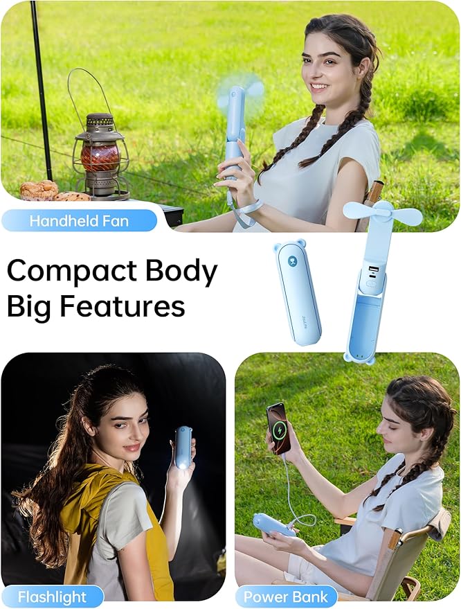 JISULIFE Handheld Fan with 4500 mAh Powerbank Max 40 Hours Runtime, Pocket Portable Battery Operated or USB Powered Folding Personal Fan, 3 Speeds, Gifts for Women Men Kids Gift for Festival-Blue