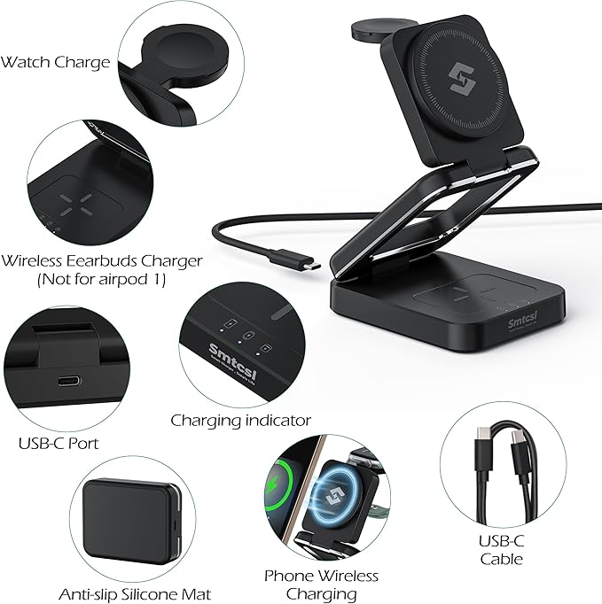 Smtcsl 3-in-1 Foldable Wireless Charging Station: Magnetic Charger Pad Compatible with Phone air 17 16 15 14 13 12 Series/Watch/Air Pods - Portable Folding Stand for Travel